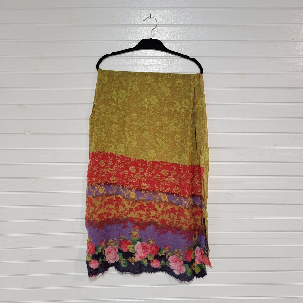 J Jill 100% Wool Patchwork Floral Paisley Scarf Wrap Wide Chunky Fringed Edge